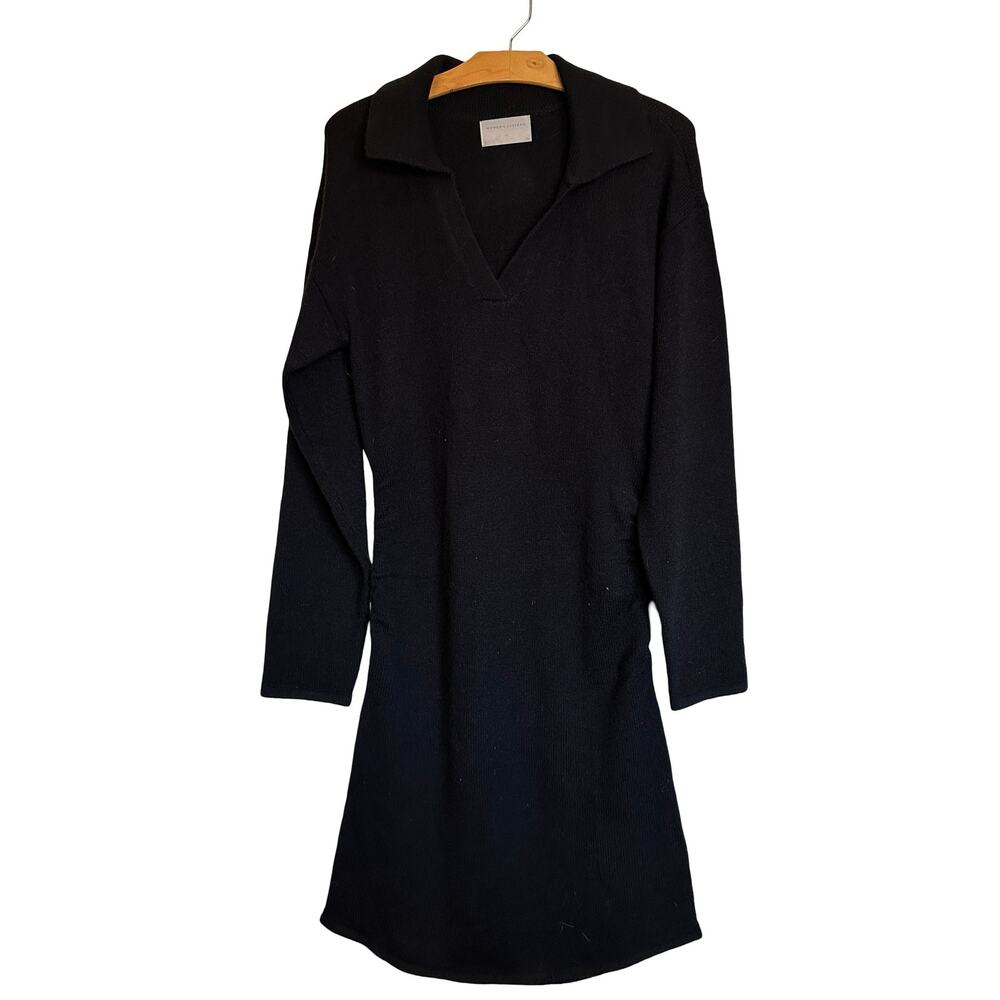 Modern Citizen Collared Long Sleeve Ruched Sweater Dress Polo Midi Black Size XL